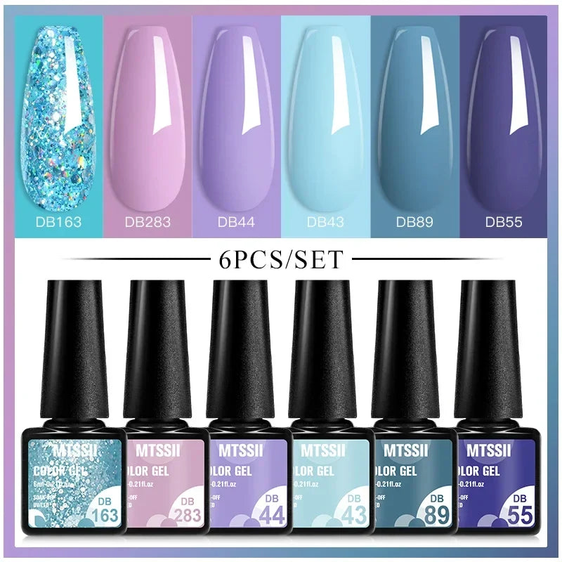 Blushimmer MTSSII 6-piece set of sparkly red gel nail polishes with shiny finish, ideal for LED UV nail art and manicure supplies.