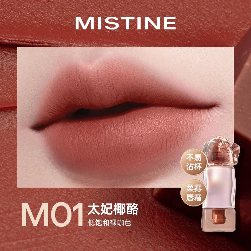 Blushimmer Mistine Nude Long Wear Lipstick in 2.9g tube, creamy matte lip glaze with mirror gloss and jelly finish, long-lasting formula.