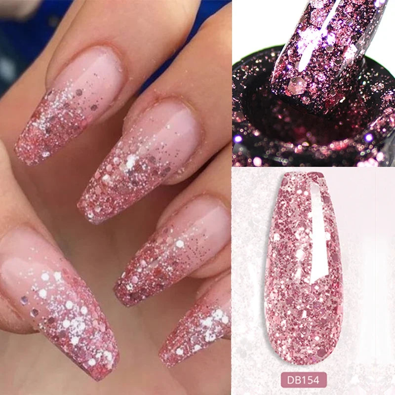 Blushimmer Mtssii 6-pack pink glitter gel nail polish set with sequins, matte top coat, and soak-off LED/UV gel for nail art.