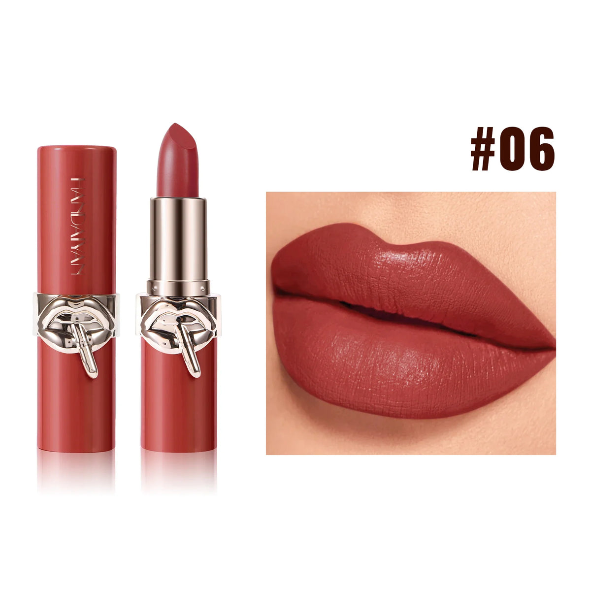 Blushimmer long-lasting velvet lipstick in creamy, waterproof formula with rich color, shown in six shades for women.