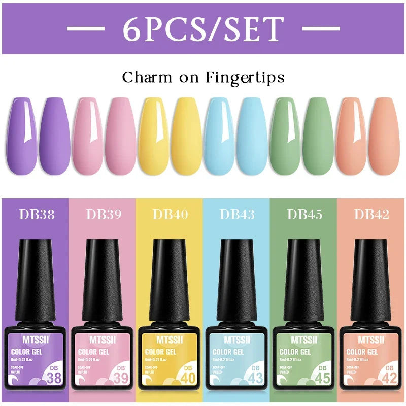 Blushimmer MTSSII 6-piece set of sparkly red gel nail polishes with shiny finish for LED and UV nail art manicure.