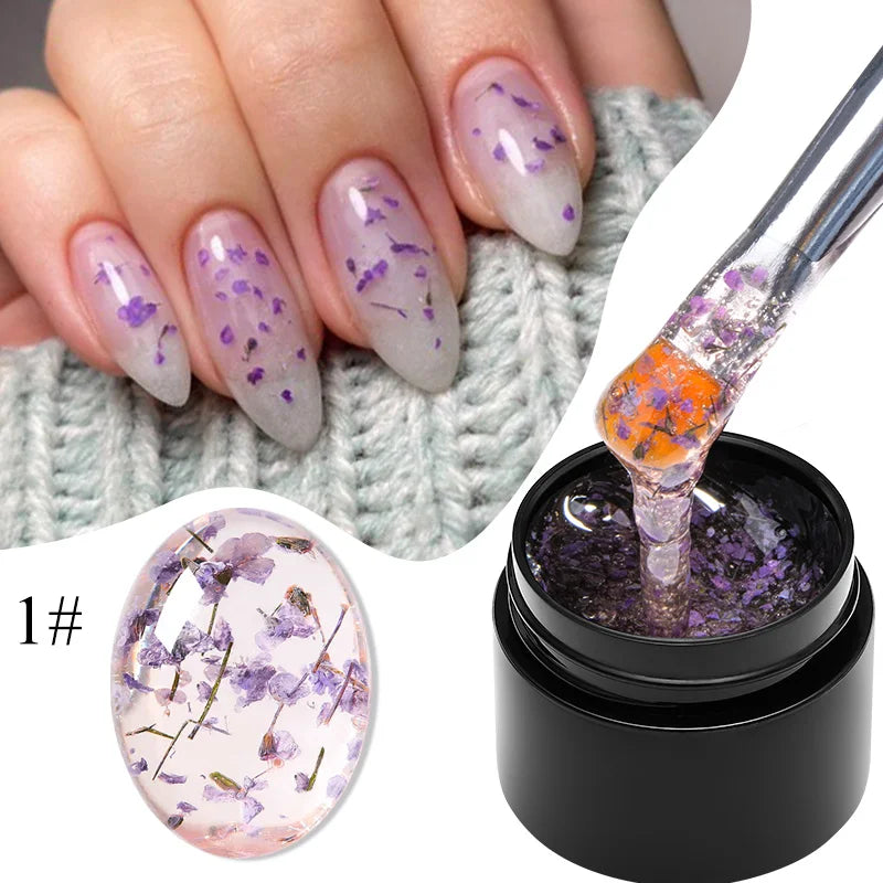 Blushimmer Meet Across 5ml pink dried flower gel nail polish with natural flower design, UV LED soak-off nail art gel.