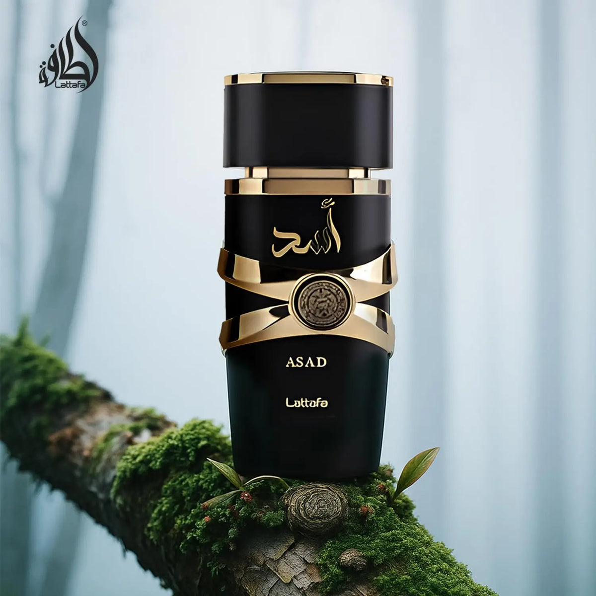 Lattafa Asad unisex Eau De Parfum spray in 3.4 oz bottle, featuring elegant perfume bottle with natural, long-lasting fragrance.