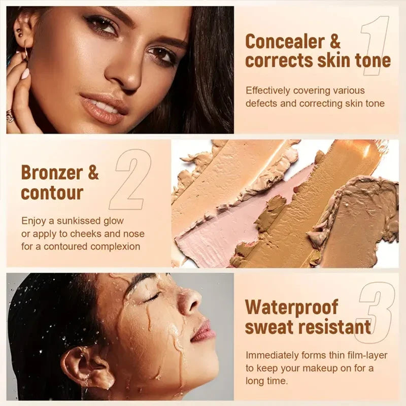 Blushimmer 10-color concealer palette with matte shades for dark circles, contouring, and covering tattoos in a compact cream setup.