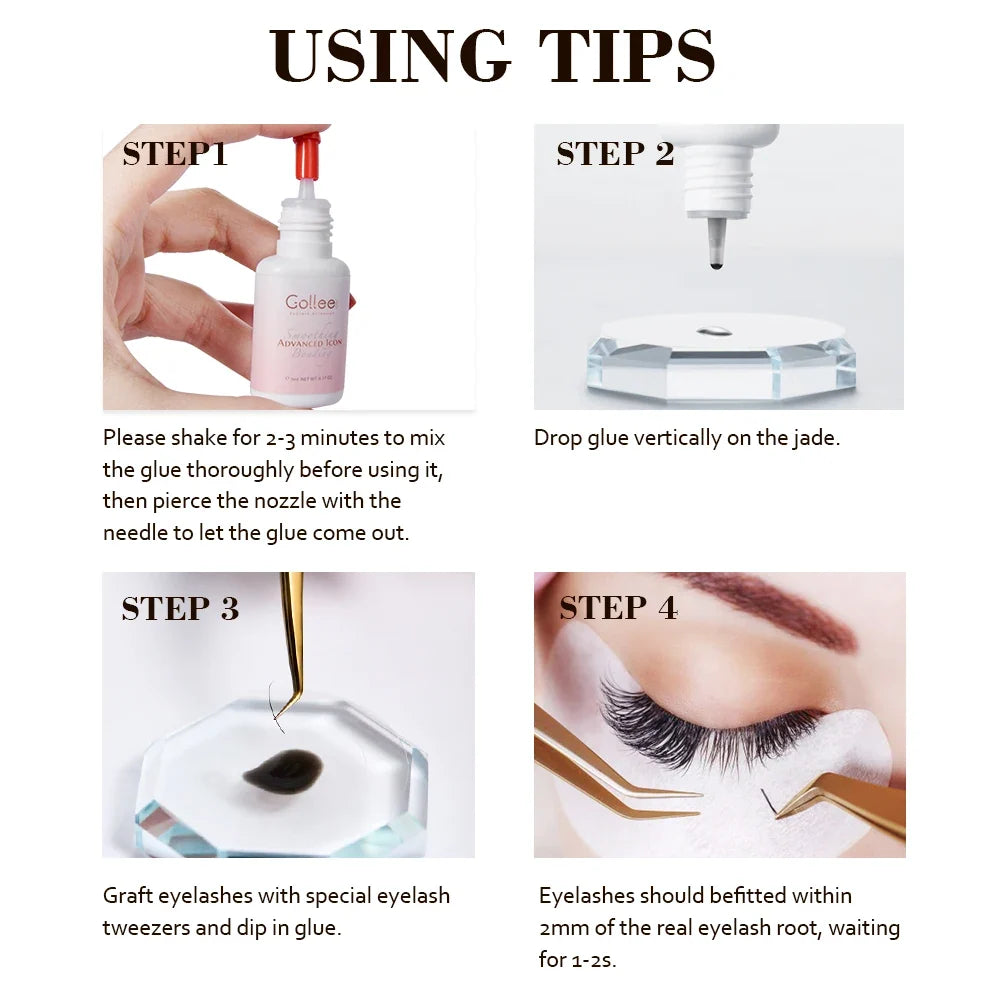 Blushimmer Gollee 1s dry eyelash extension adhesive with floral fragrance, waterproof bond, bonder, and lash accelerator.