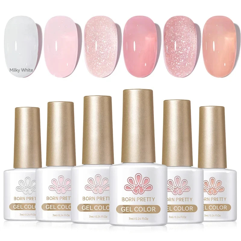 Born Pretty crystal amber gel nail polish set with six jelly pink and nude shades for semi-permanent UV and LED manicures.