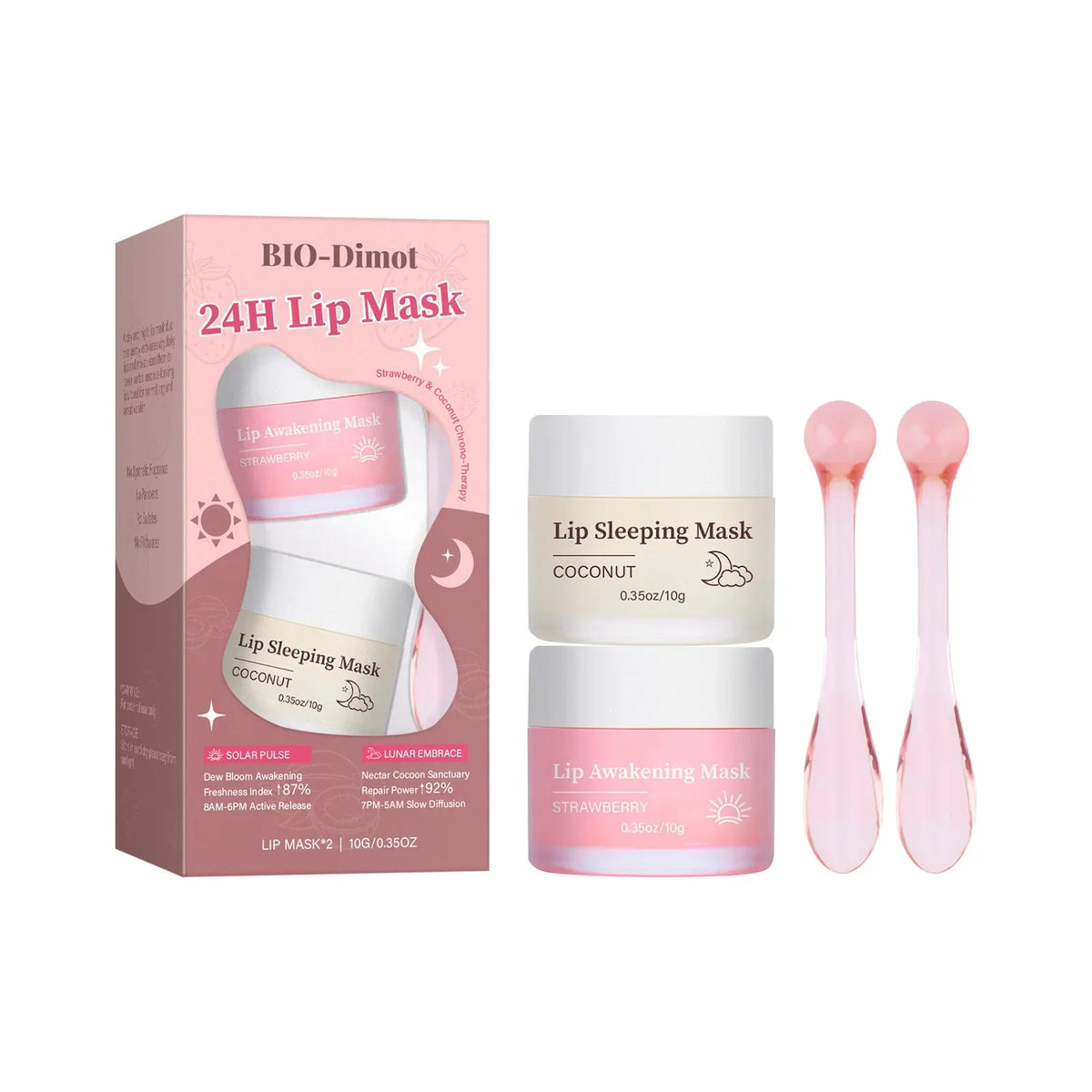 Blushimmer BIO-DIOMT Lip Sleeping Mask set with moisturizing, exfoliating, and anti-cracking lip care for day and night use.