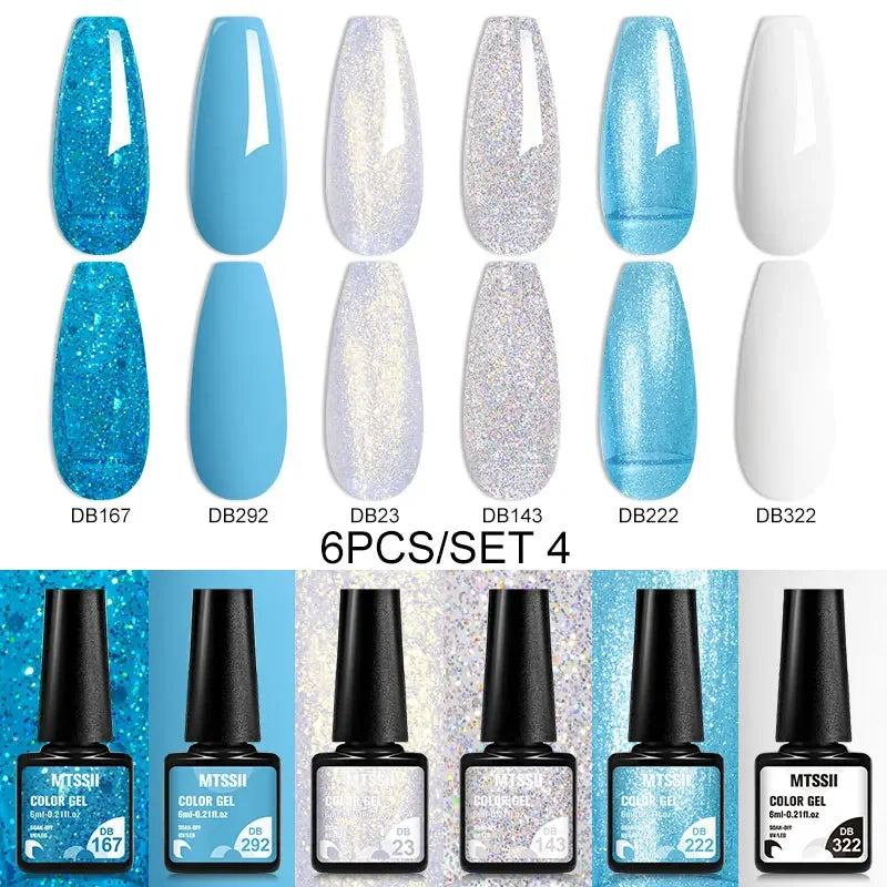 Blushimmer MTSSII 6-piece set of sparkly red gel nail polishes with shiny finish for LED/UV manicures and nail art.
