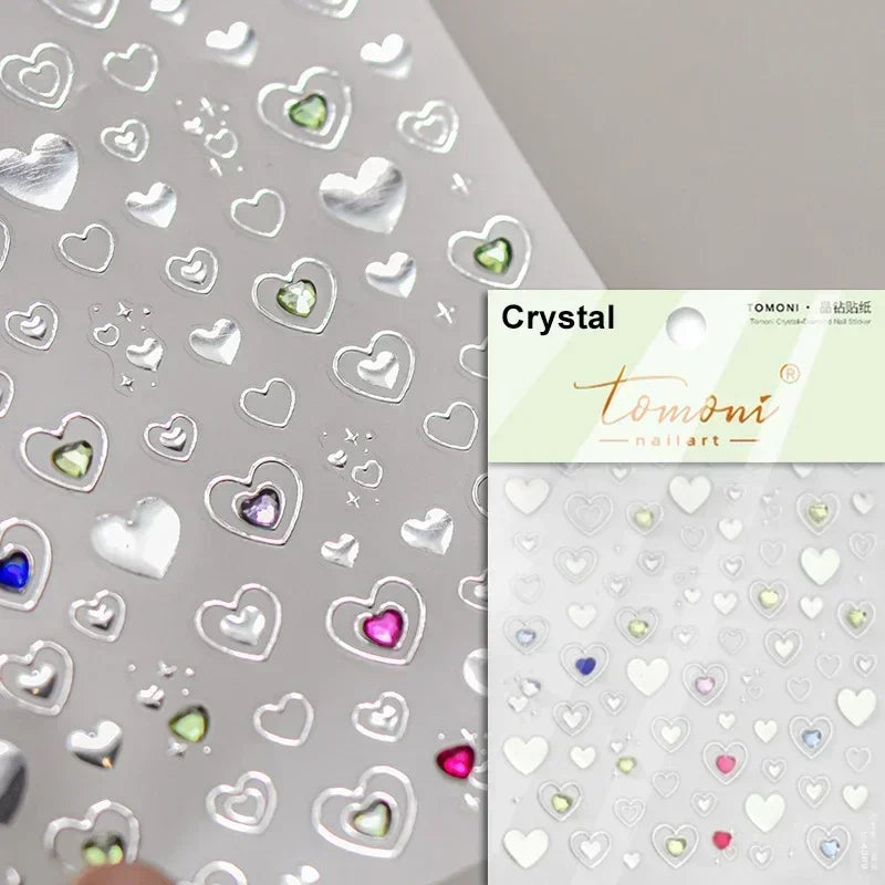 Colorful Cat's Eye 5D gradient European love heart gem nail art stickers with wing and geometric shapes, self-adhesive for manicures.