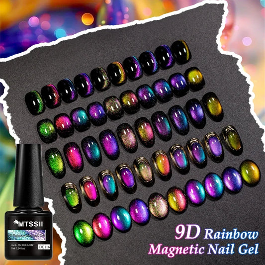 Blushimmer 9D Rainbow Cat magnetic gel nail polish showing chameleon galaxy effect with color-shifting, semi-permanent UV gel varnish.