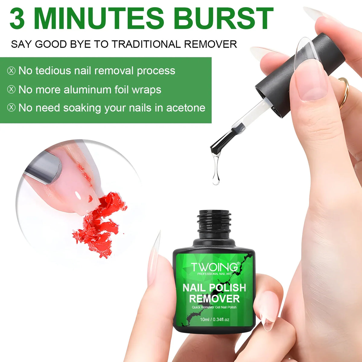 Blushimmer 3-piece gel nail polish remover set for quick, easy UV gel removal without soaking or wrapping, visible bottles and applicators.