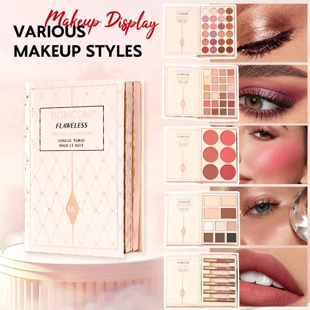 Blushimmer Makeup Magic Book with eyeshadow, lip gloss, blush, and highlighter, ideal gift for women at holiday parties.