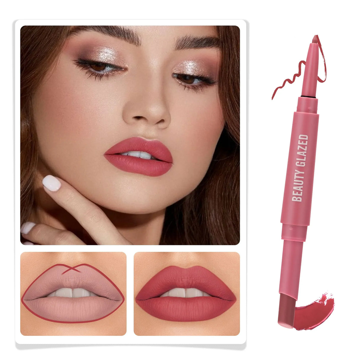 Blushimmer 2-in-1 lip liner and lipstick pen with double-headed design, waterproof, long-lasting matte finish for daily wear.