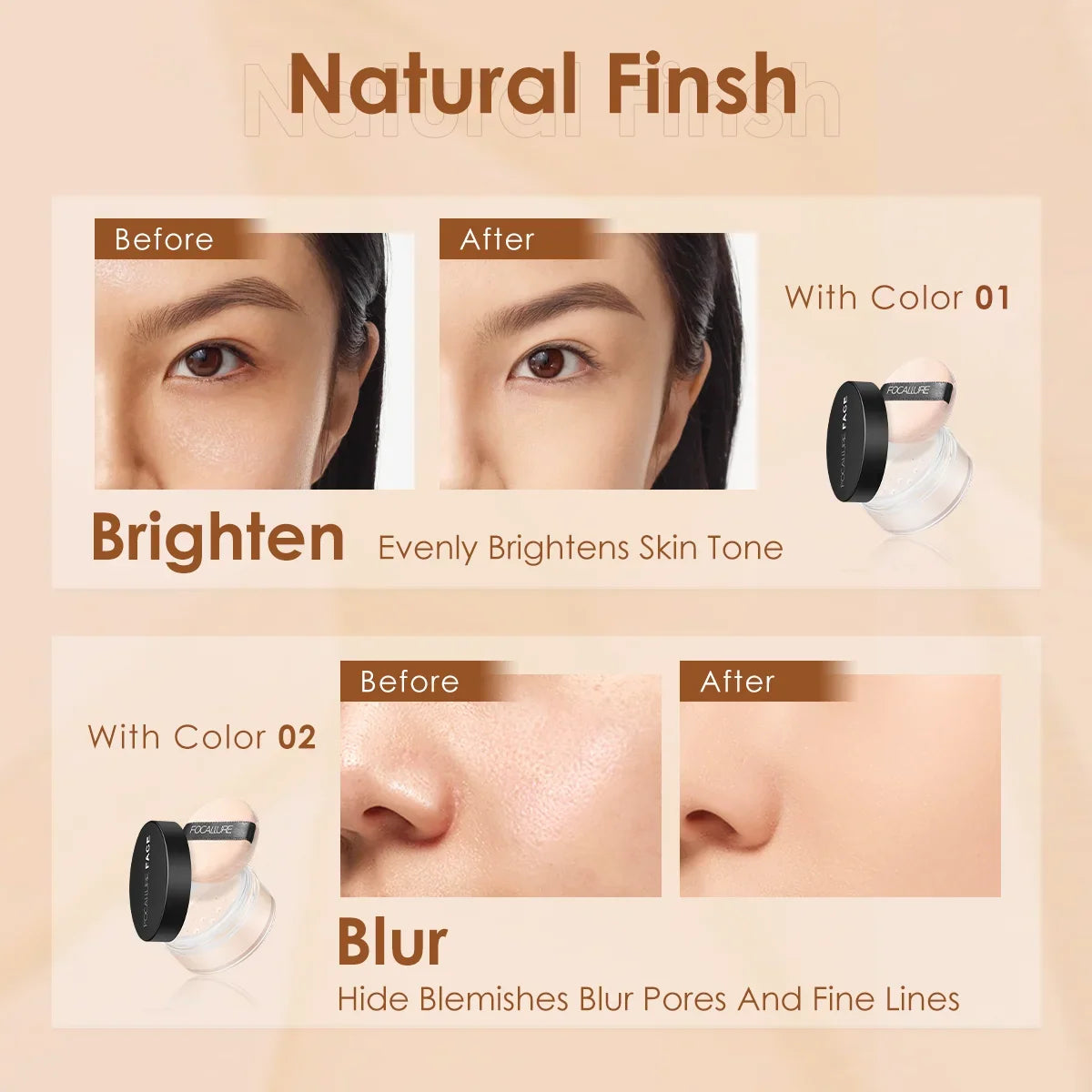 Blushimmer Focallure Invisible Finish Loose Setting Powder in translucent, natural tone, oil control face makeup powder on a soft face.