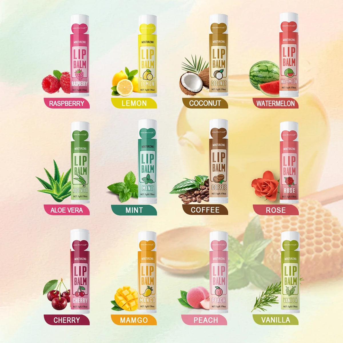 Set of 48 Blushimmer moisturizing lip balms in 5g boxes with flower fragrances, natural brightening lip color for holiday gift.