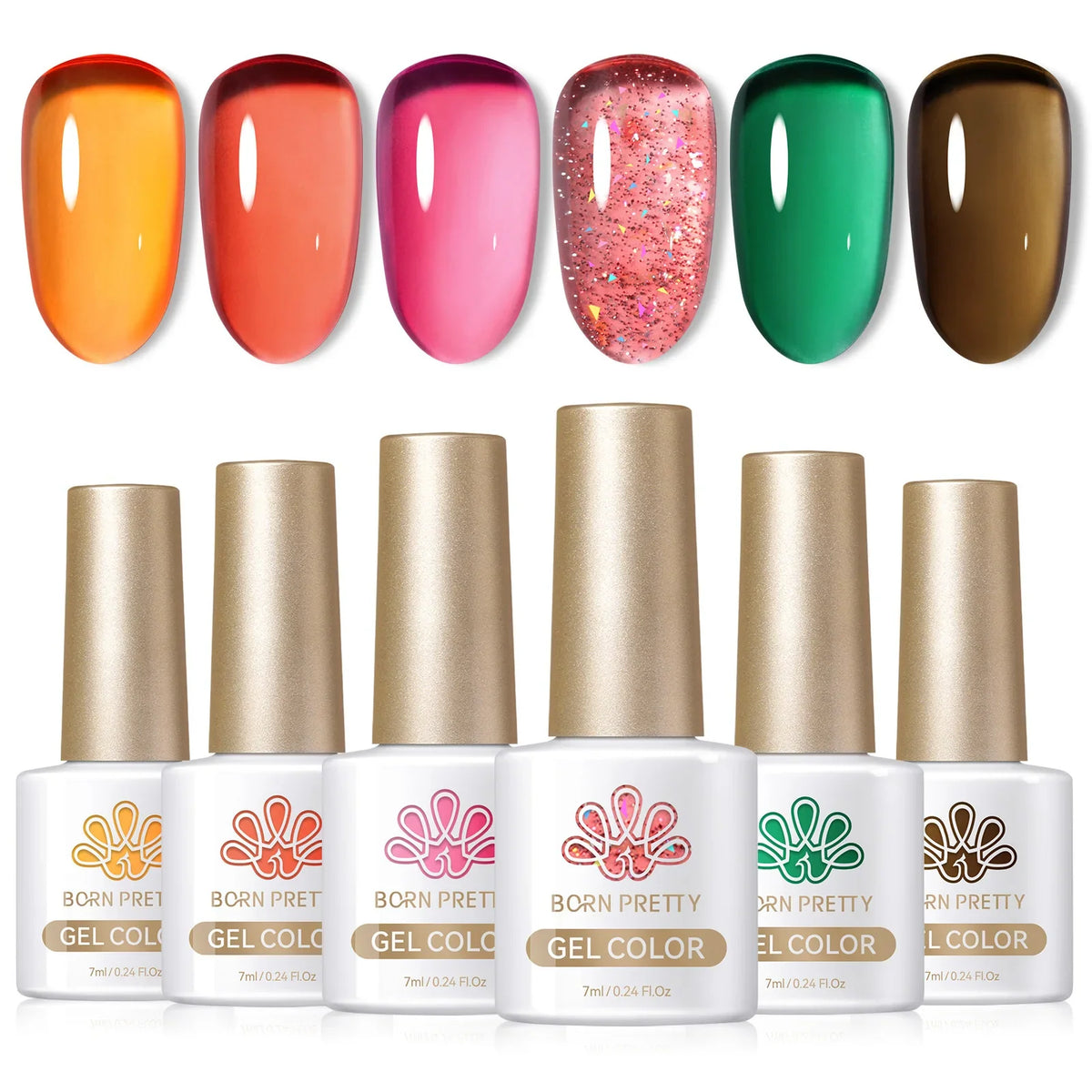 Blushimmer Born Pretty 6-pack crystal amber gel nail polish set with pink and nude shades for semi-permanent UV and LED manicures