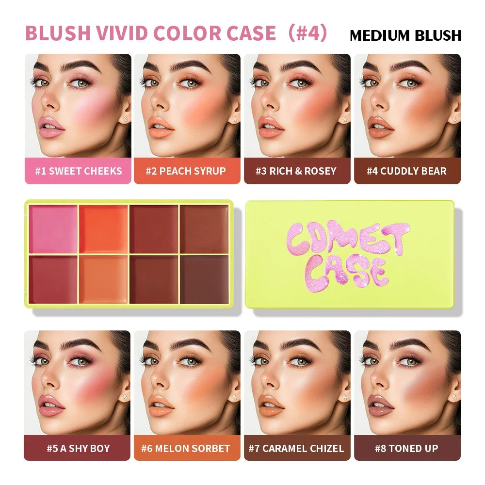 Blushimmer 8-color blusher and highlighter palette with cream, waterproof, long-lasting, natural matte finish for face makeup.