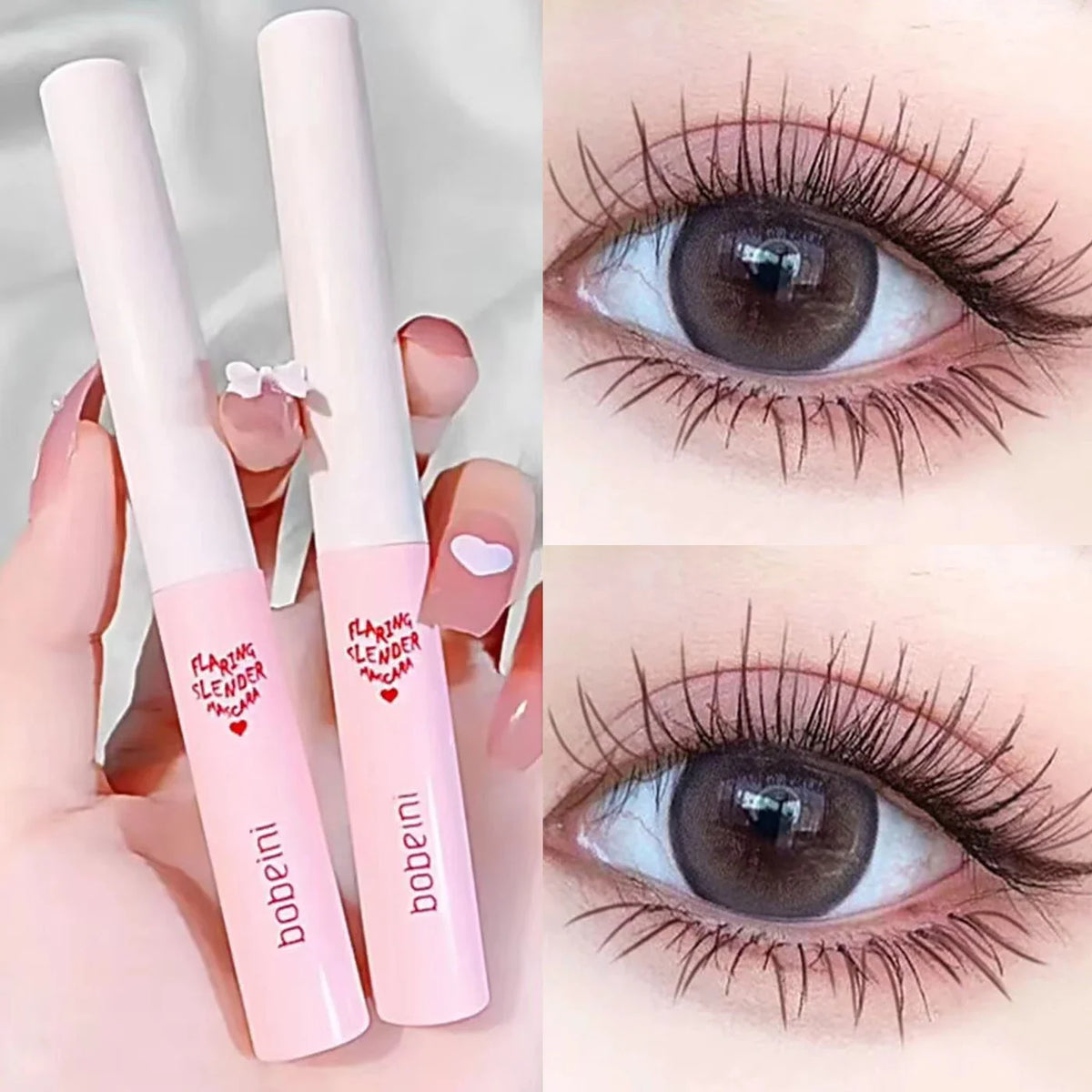 Blushimmer waterproof brown black mascara with ultra-fine brush, silk fibers, long-lasting curl, fast-drying, matte finish on lashes.