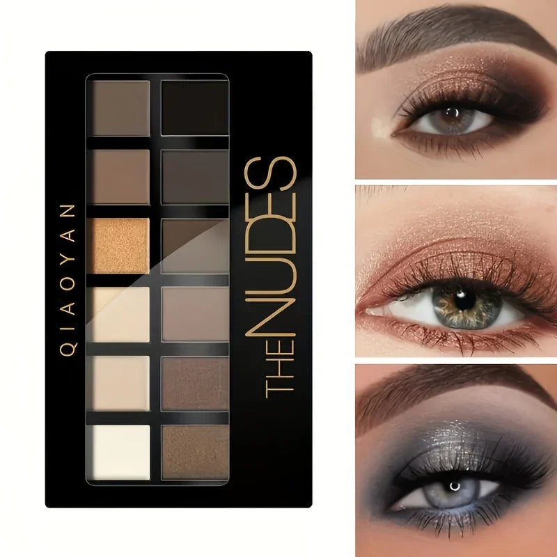 Blushimmer professional 12-color eyeshadow palette with natural shimmer and matte nude shades for eye makeup application.