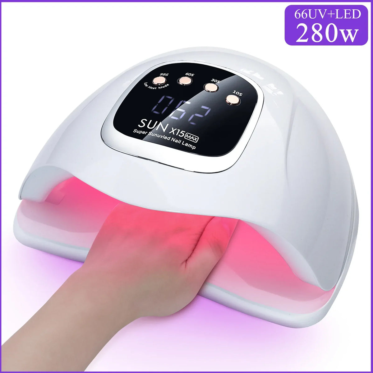 Blushimmer SUN X15 MAX high-power gel nail drying lamp with 66 LEDs, 280W, auto sensor for UV and LED gel polish drying.