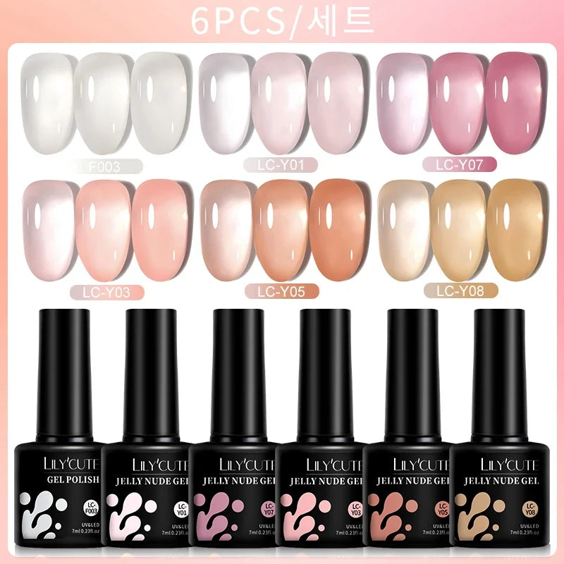 LILYCUTE by Blushimmer 6-piece set of 7ml pink nude translucent gel nail polishes for semi-permanent nail art and manicures