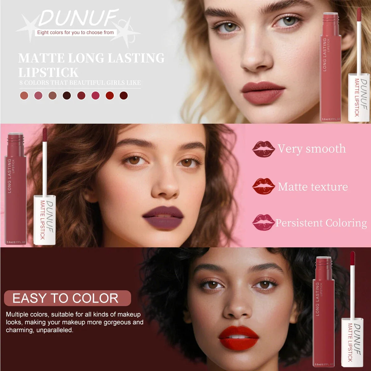8pc/set Long-Lasting Lip Gloss Matte Waterproof Lipstick Lip Stain Non-transfer Highly Pigmented Nude Red Y2K Daily&Party Makeup
