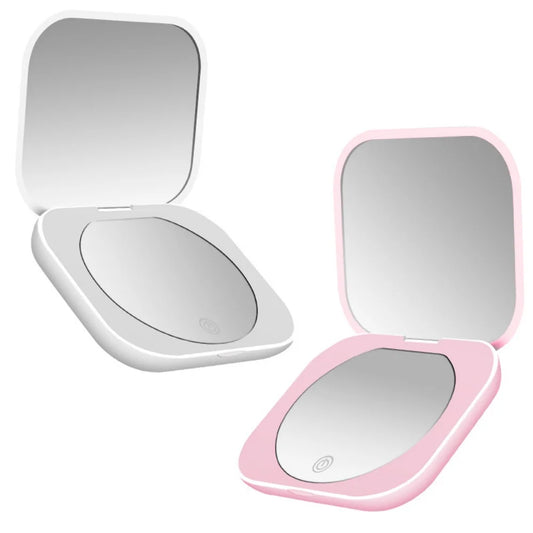 Blushimmer compact mini vanity table with folding LED lights and 2X magnifying handheld makeup mirror for portable beauty use.