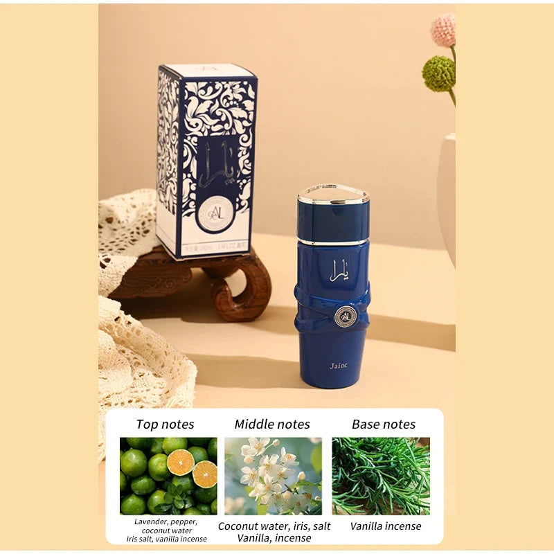 Unisex Arab perfume spray with floral, fruity, spicy, and musky notes from Blushimmer, featuring elegant perfume bottle and scent details.