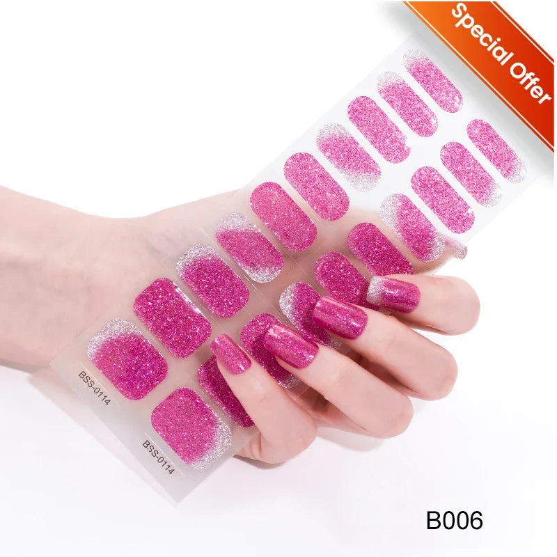 Blushimmer 20 Tips gradient French semi-cured gel nail sticker with full cover nail gel polish wraps for manicure, UV lamp needed
