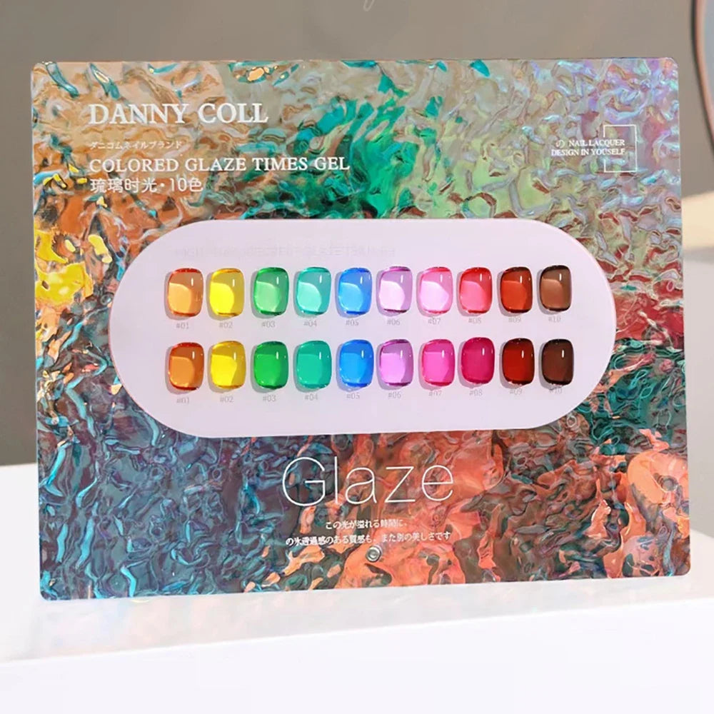 Translucent glaze gel nail polish set by Blushimmer with 15ml bottles, showcasing clear, jelly, and gemstone-inspired colors.