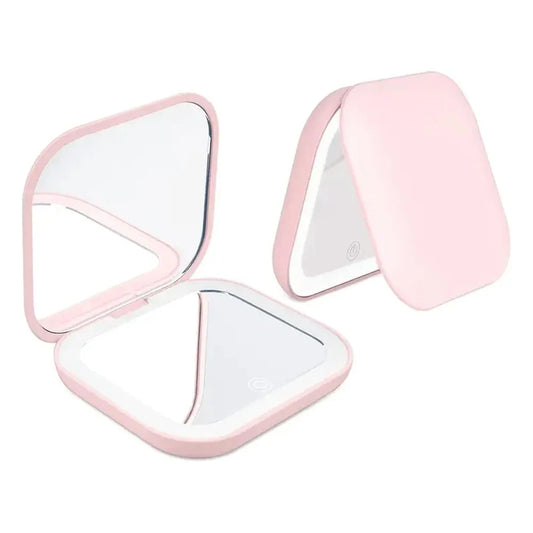 Blushimmer 2X magnifying compact vanity makeup mirror with LED lights, portable folding design, perfect for travel and detailed application