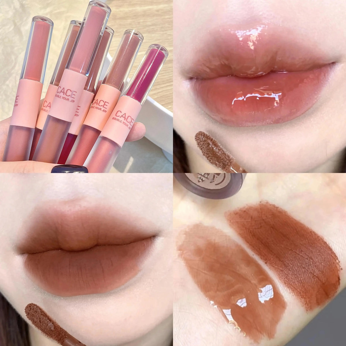 Blushimmer CACE double head lip gloss with red and water gloss finishes, featuring a mirror, matte lipstick, and waterproof Korean lip makeup