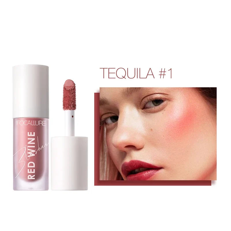Blushimmer FOCALLURE Liquid Blusher with four natural shades, long-lasting matte face blush, Hangover Red Wine color, Korean makeup