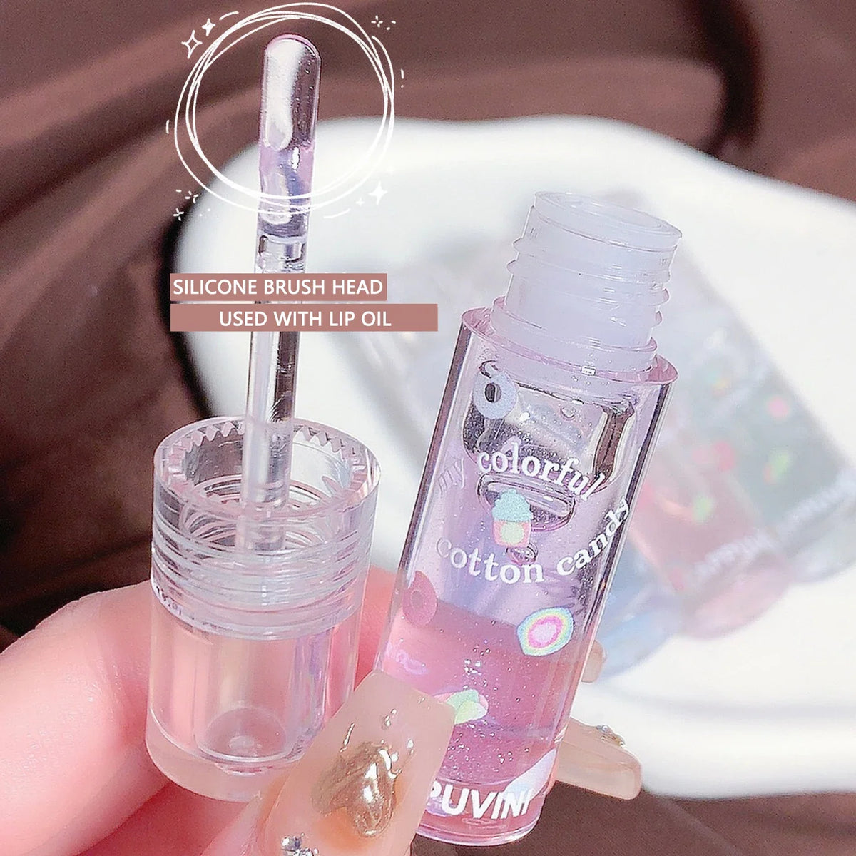 Set of three transparent glitter lip glosses by Blushimmer, featuring clear water light lip glaze and color-changing moisturizing lip oils.