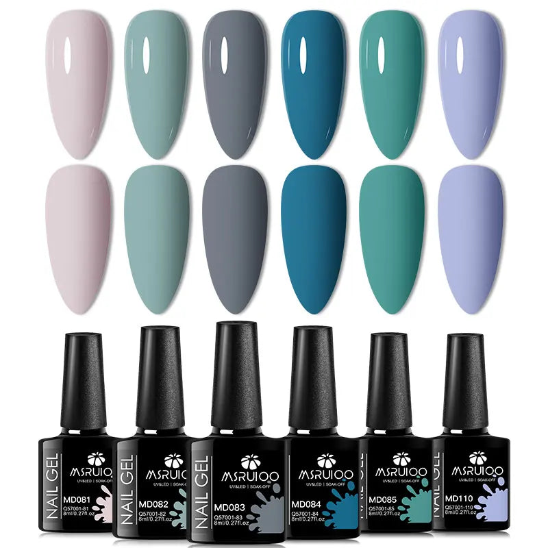 Blushimmer 6-piece nail gel polish set with vibrant, semi-permanent UV gel in various colors for salon or DIY manicures.