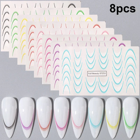 Colorful gradient French line water nail stickers with stripe ombre designs, perfect for DIY nail art by Blushimmer.