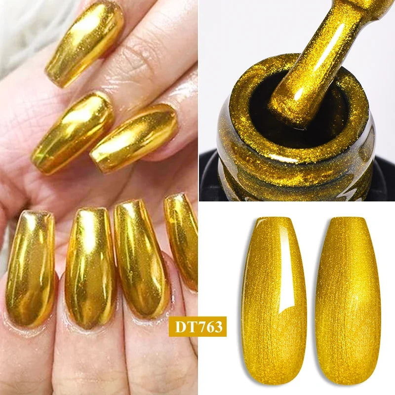 Blushimmer Meet Across 7ml red metallic gel nail polish with gold, silver mirror finish, glitter, sparkly, semi-permanent UV soak-off varnish