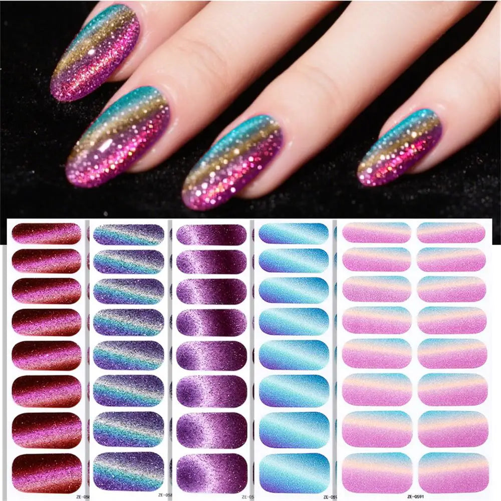 Gradient cat eye style nail art stickers by Blushimmer, 16-piece waterproof glitter false nail decals, self-adhesive and easy to apply.