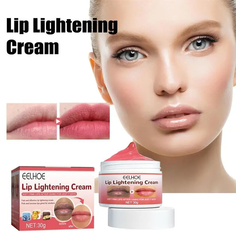 Blushimmer organic lip lightening cream balm in 30g jar, showing soft pink lips with a smooth, healthy appearance.
