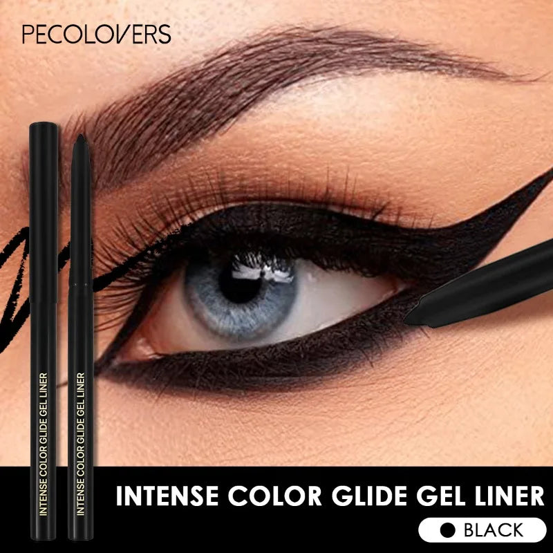 Black waterproof gel eyeliner pencil by Blushimmer, featuring a matte finish, easy application, quick-drying, non-smudge makeup look.