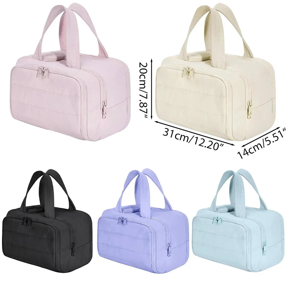 Large capacity waterproof cosmetic bag by Blushimmer, travel toiletries organizer with bathroom partition and shower makeup pouch.