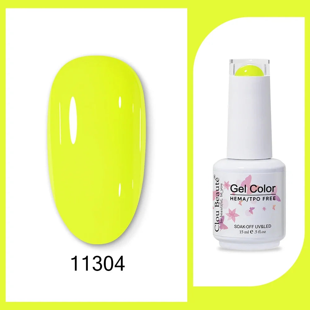 Blushimmer Clou Beaute 15ml neon gel nail polish with red, black, white, and green shades, featuring velvet top coat and base coat.