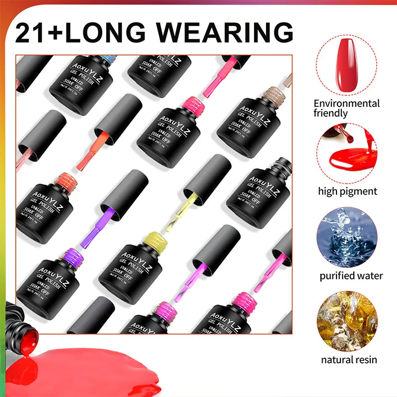 Blushimmer 28-piece gel nail polish set with colorful, matte, and glossy UV gel bottles for professional manicures.