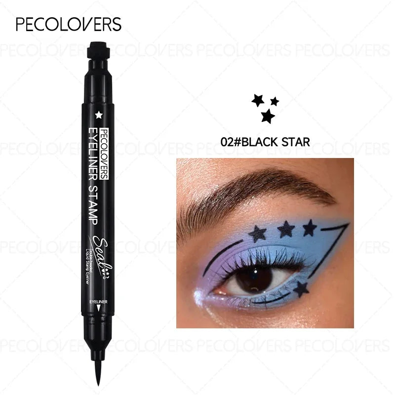 Blushimmer liquid eyeliner stamp with waterproof gel felt tip, featuring heart, star, triangle, and flower shapes for creative eye makeup.
