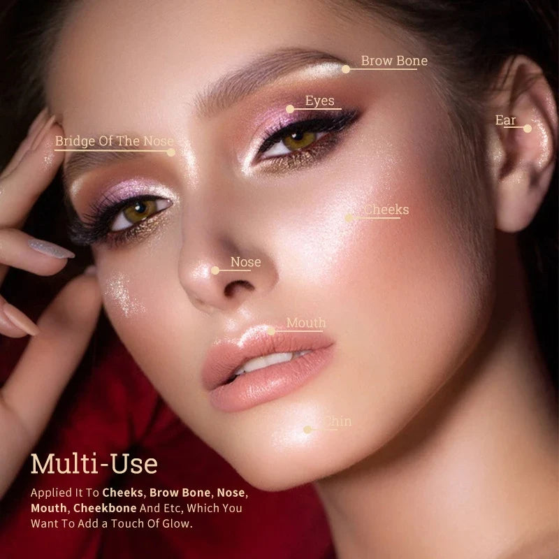 Blushimmer waterproof highlighter powder with shimmer, designed for face, eyes, cheeks, body, and hair makeup application.