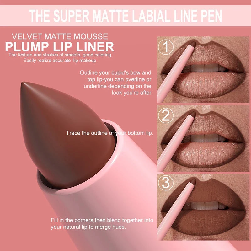Blushimmer velvet matte lip liner pencil in soft nude and red shades, waterproof and plumping for lip contour and stain application.