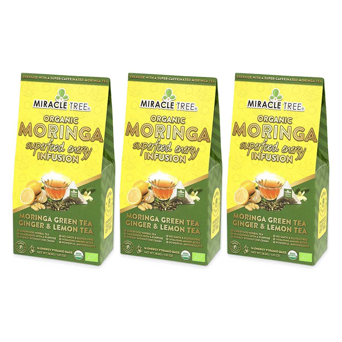 Organic Moringa Energy Tea by Miracle Tree with ginger and lemon, featuring vibrant tea leaves in a clear glass cup.
