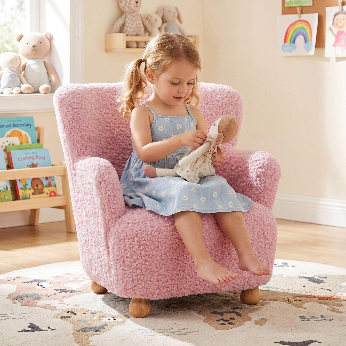 Light pink kids Sherpa armchair with solid wood legs, soft cozy fabric, perfect for children’s living space.