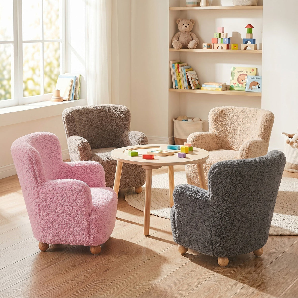 Light pink kids Sherpa armchair with solid wood legs, cozy soft upholstery, perfect for children's furniture.