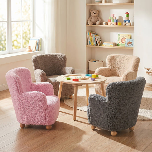 Light pink kids Sherpa armchair with solid wood legs, cozy soft upholstery, perfect for children's furniture.